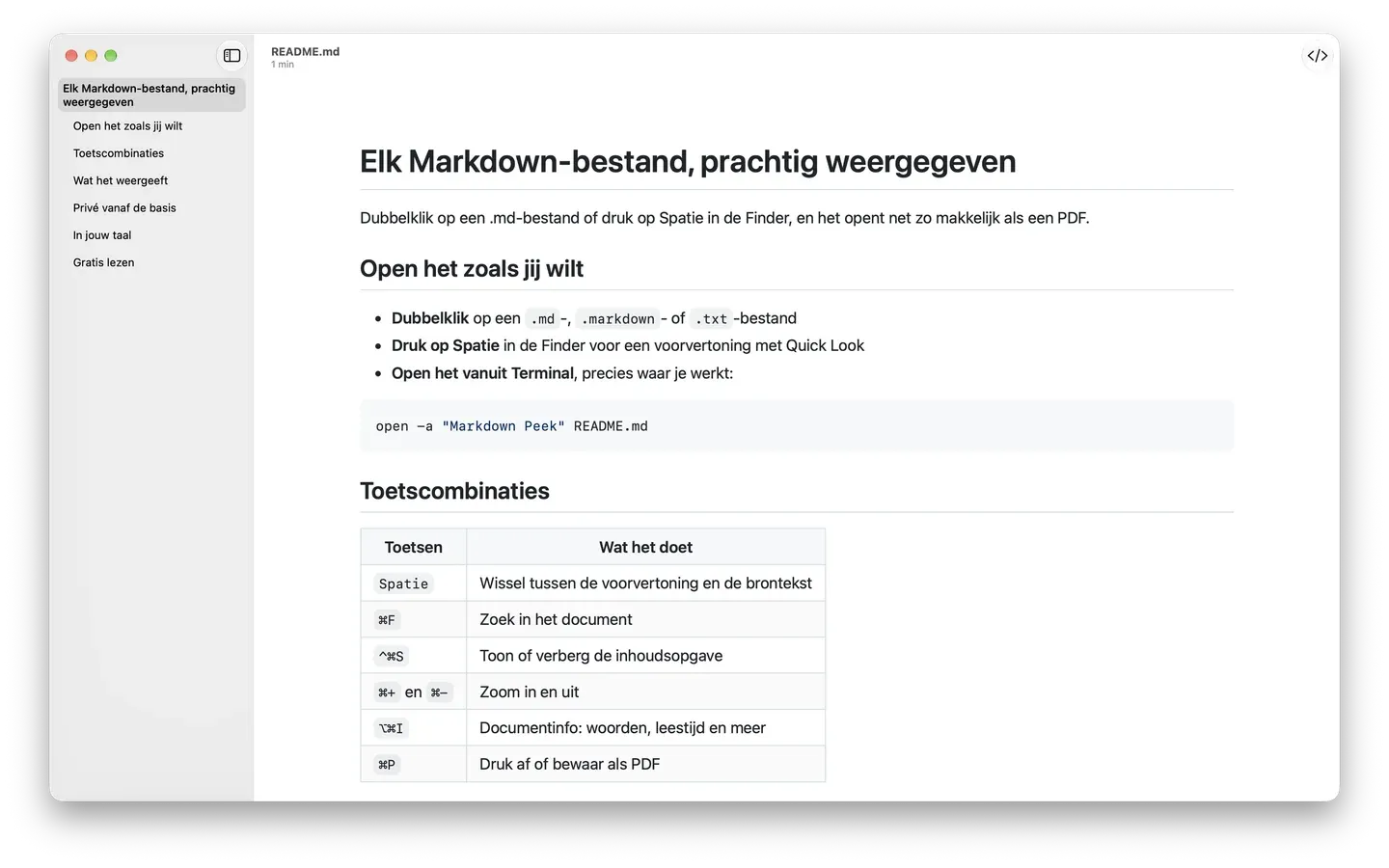 Markdown Peek op macOS met een README in GitHub-stijl, de inhoudsopgave in een navigatiekolom en een tabel met toetscombinaties.