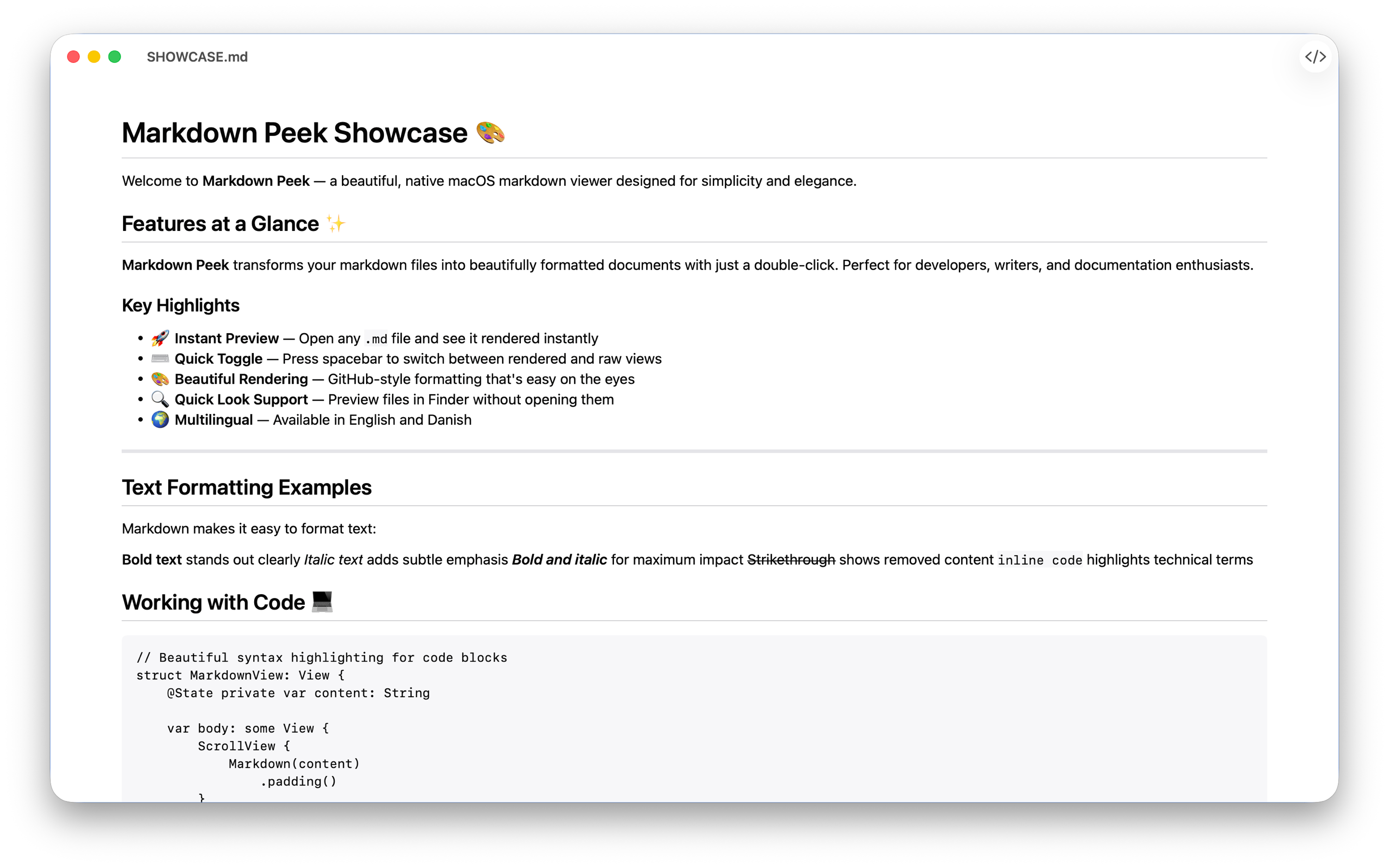 Markdown Peek en macOS mostrando un documento Markdown renderizado en estilo GitHub, con encabezados y una lista con viñetas de funciones destacadas.