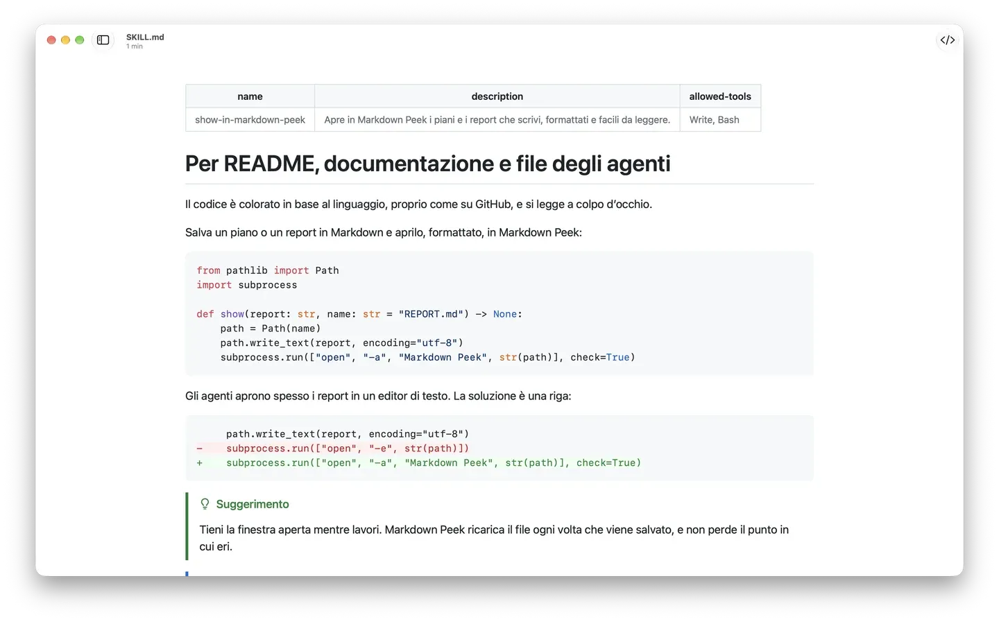 Un file SKILL.md in Markdown Peek: il front matter come tabella, codice Python colorato in base al linguaggio, un diff e un riquadro Suggerimento in stile GitHub.