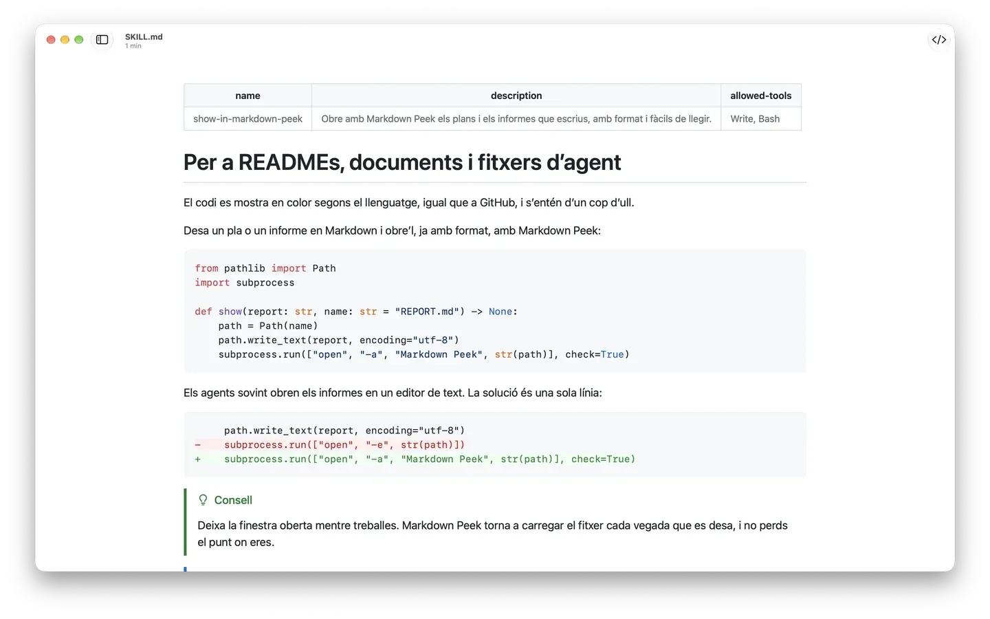 Un fitxer SKILL.md a Markdown Peek: el front matter com a taula, codi Python acolorit segons el llenguatge, un diff i un avís de Consell a l'estil de GitHub.