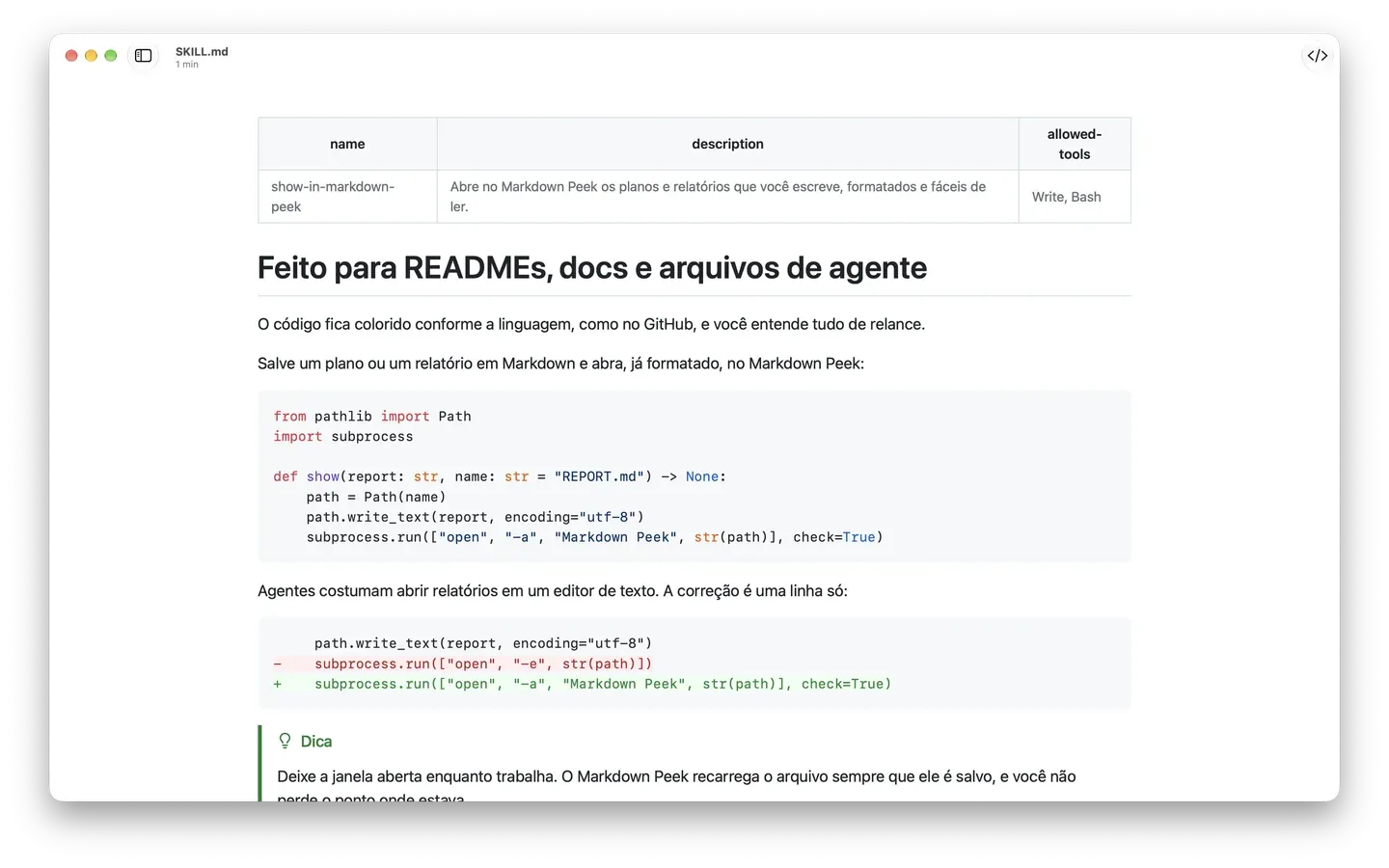 Um arquivo SKILL.md no Markdown Peek: front matter em tabela, código Python colorido por linguagem, um diff e um destaque Dica estilo GitHub.