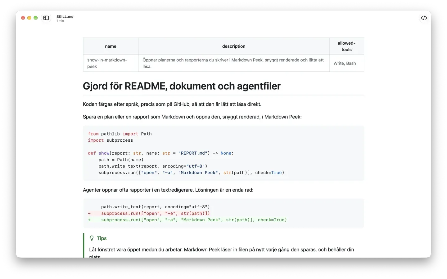 En SKILL.md-fil i Markdown Peek: front matter som tabell, Python-kod färgad efter språk, en diff och en tips-ruta i GitHub-stil.