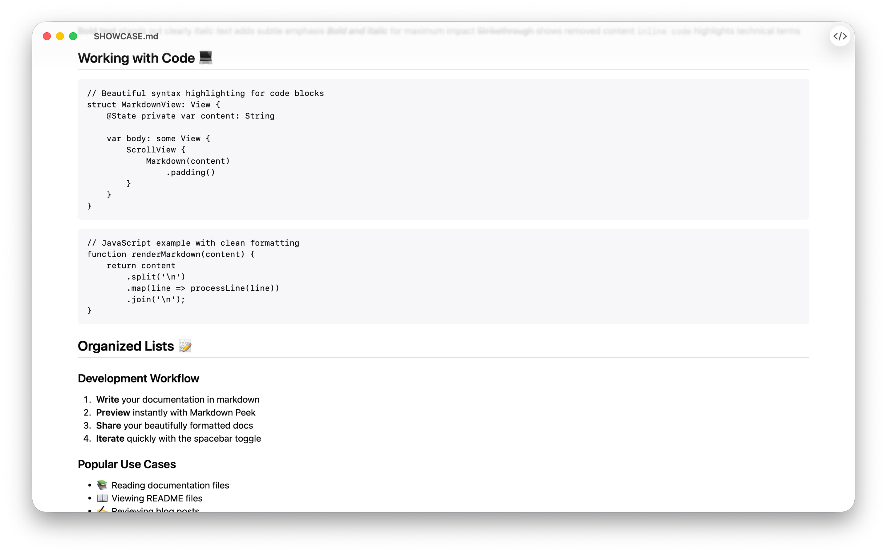 Un documento Markdown en Markdown Peek con dos bloques de código, uno en Swift y otro en JavaScript, seguidos de una lista numerada de pasos.