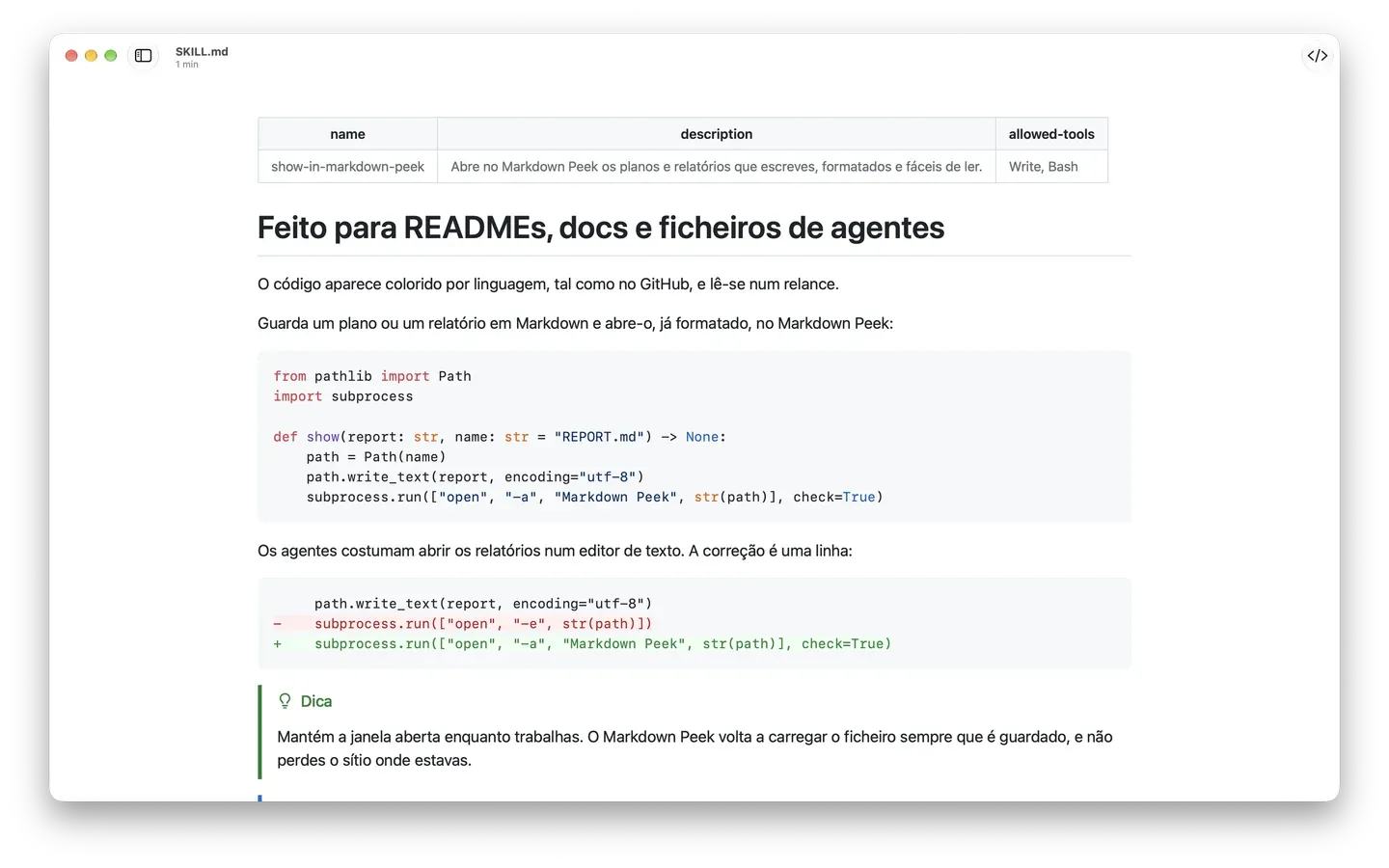 Um ficheiro SKILL.md no Markdown Peek: front matter em tabela, código Python colorido por linguagem, um diff e um destaque Dica ao estilo GitHub.