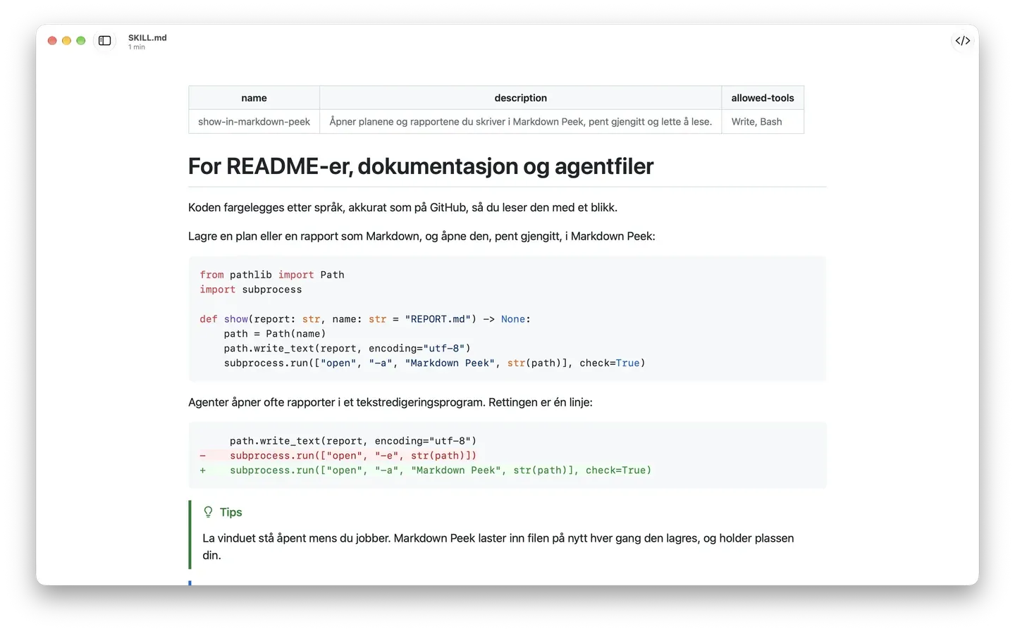 En SKILL.md-fil i Markdown Peek: front matter som tabell, Python-kode farget etter språk, en diff og en tips-boks i GitHub-stil.