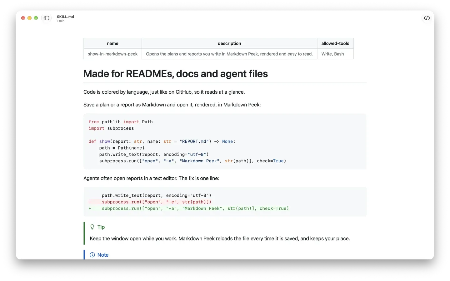 A SKILL.md file in Markdown Peek: front matter shown as a table, Python code colored by language, a diff, and a GitHub-style Tip callout.
