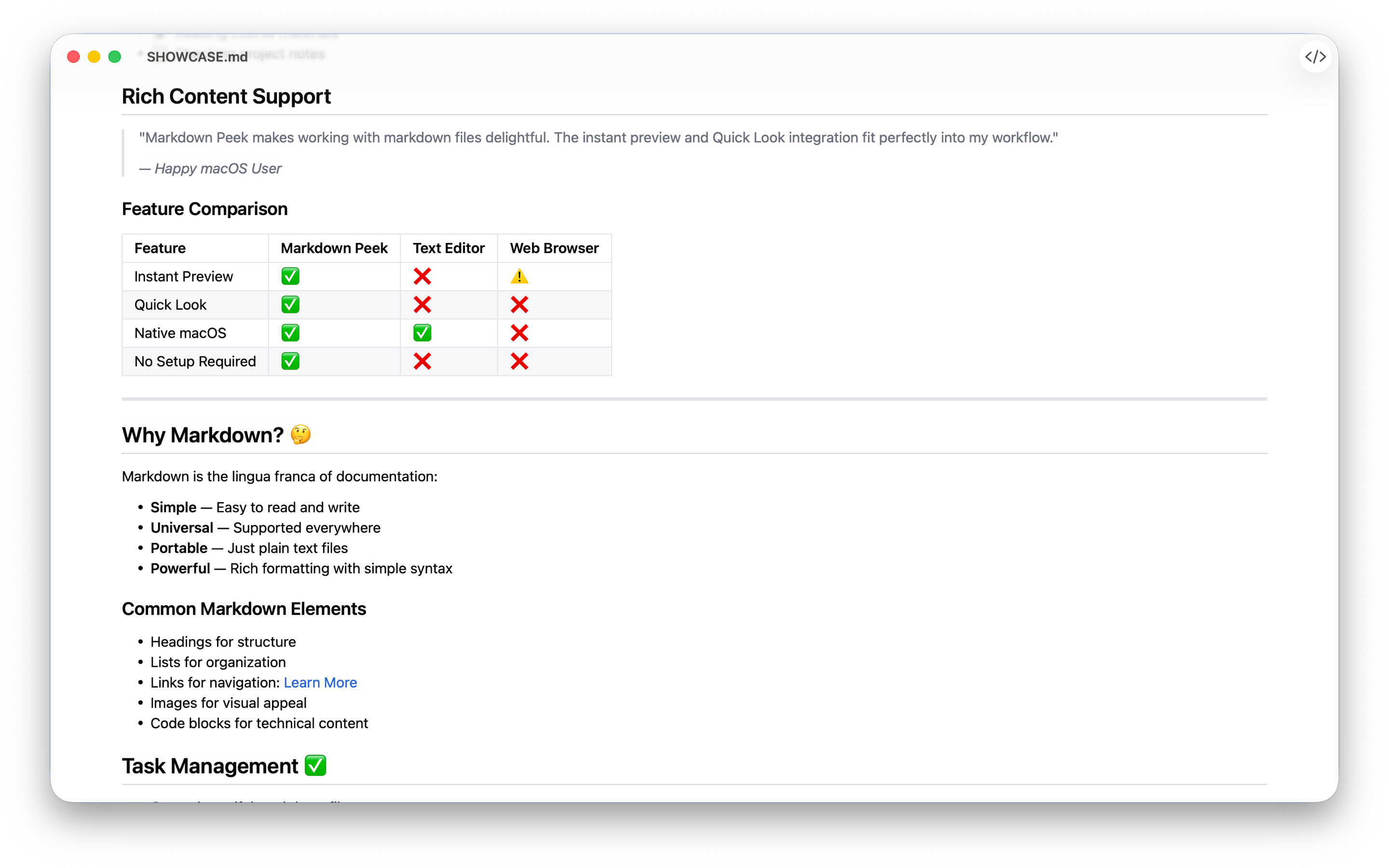 Markdown Peek renderizando una tabla comparativa de funciones junto con encabezados y listas.