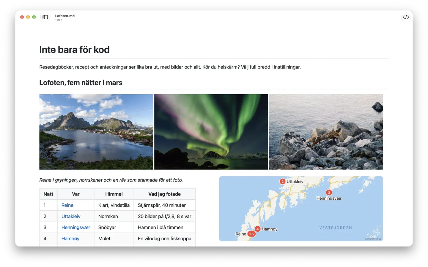 En resedagbok i Markdown Peek med tre foton från Lofoten, en tabell över nätter och platser och en karta.