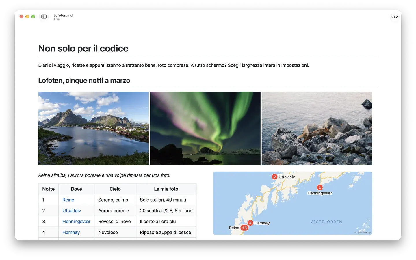 Un diario di viaggio in Markdown Peek con tre foto delle Lofoten, una tabella di notti e luoghi e una mappa.