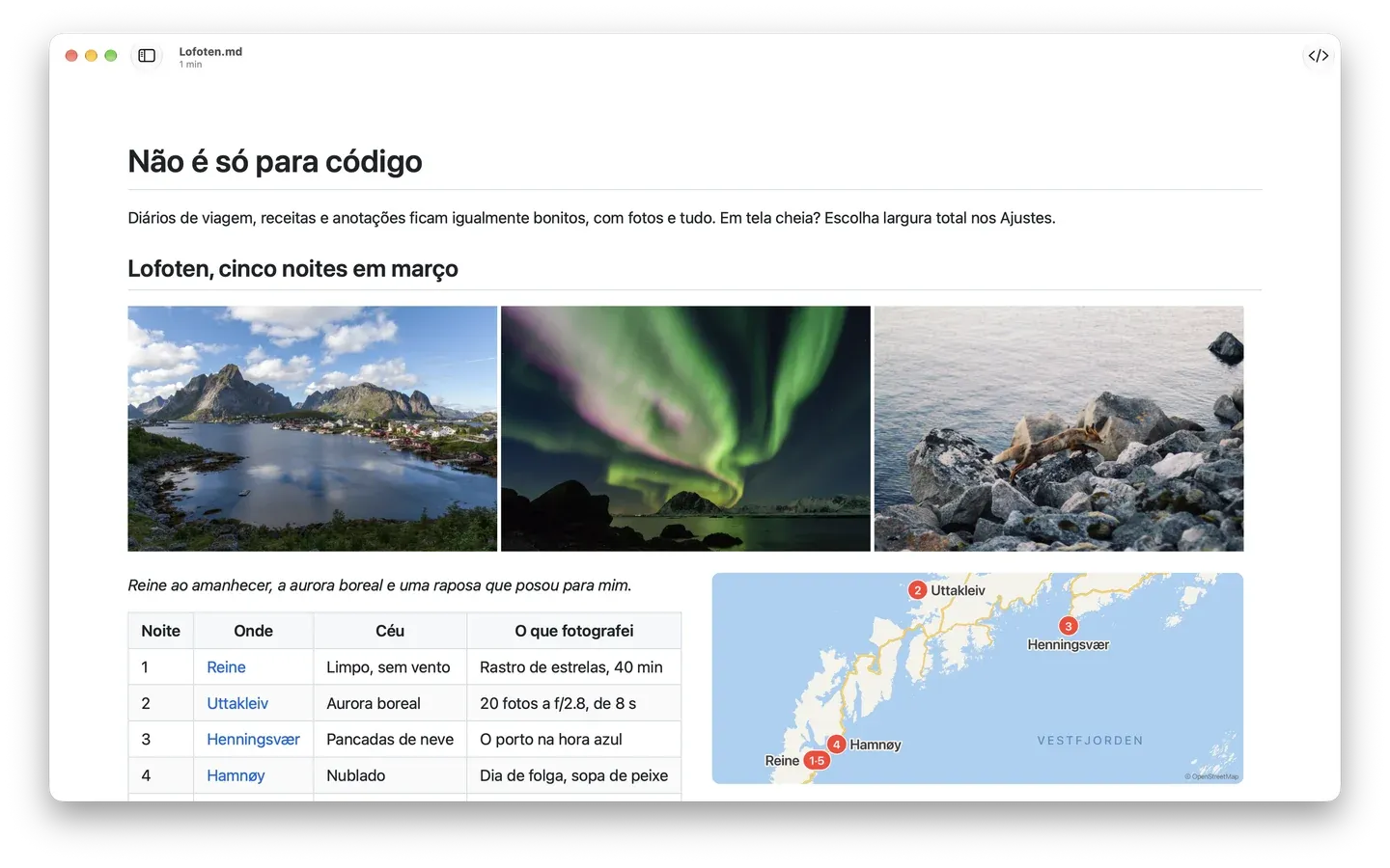Um diário de viagem no Markdown Peek com três fotos das Lofoten, uma tabela de noites e lugares e um mapa.