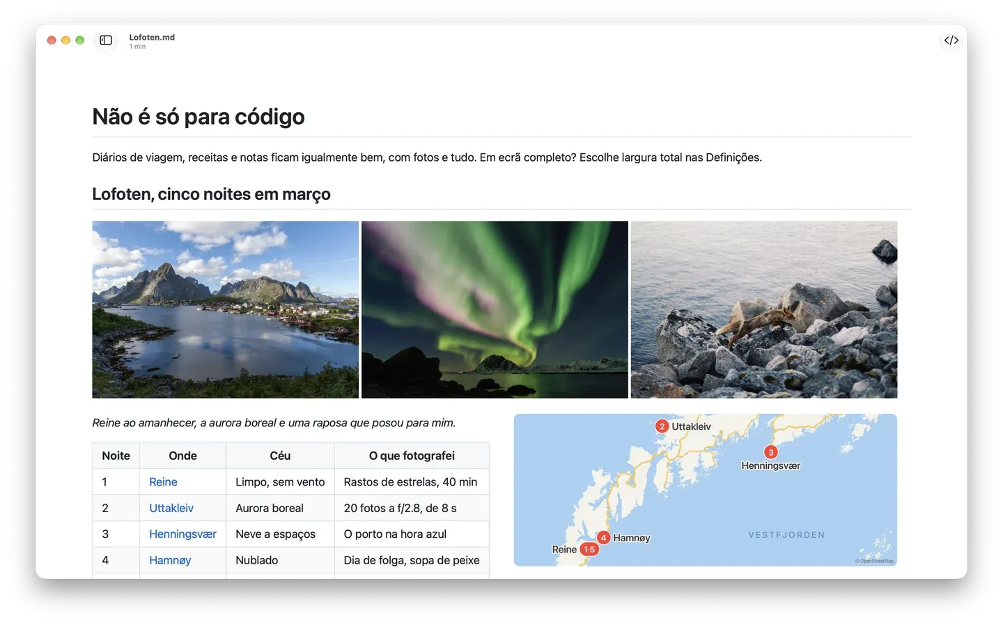 Um diário de viagem no Markdown Peek com três fotos das Lofoten, uma tabela de noites e locais e um mapa.