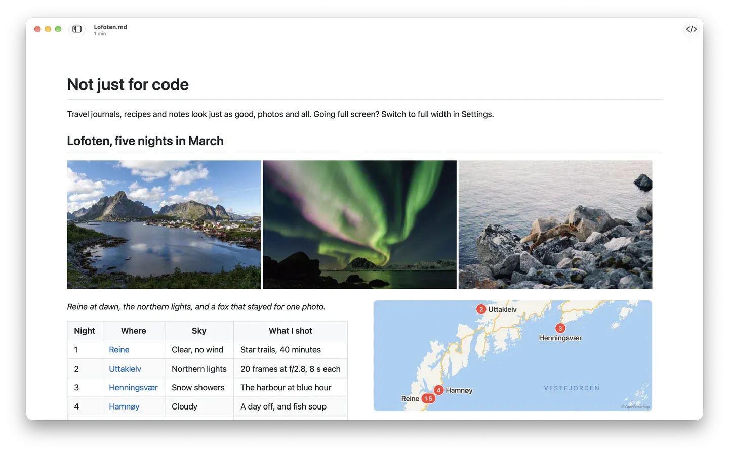 A travel journal in Markdown Peek with three photos from Lofoten, a table of nights and places, and a map.