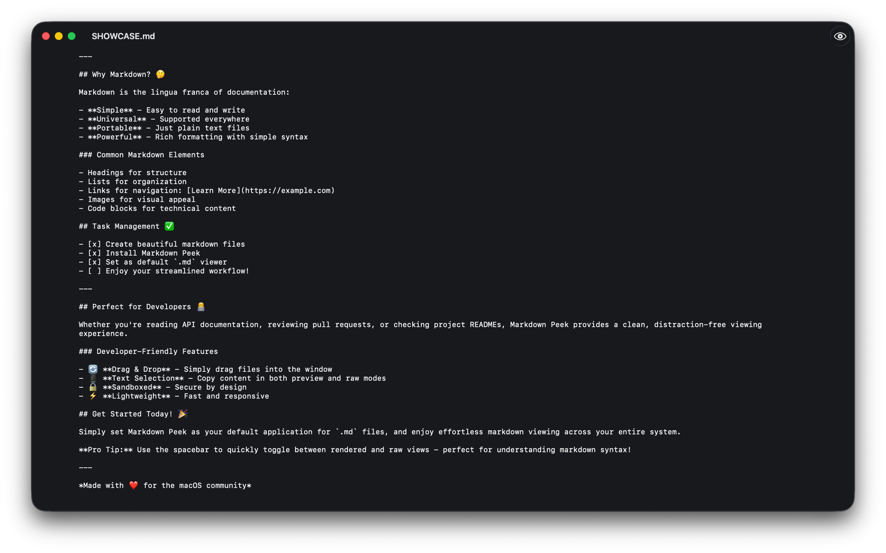 Markdown Peek en modo oscuro, mostrando el texto sin formato de un documento Markdown.