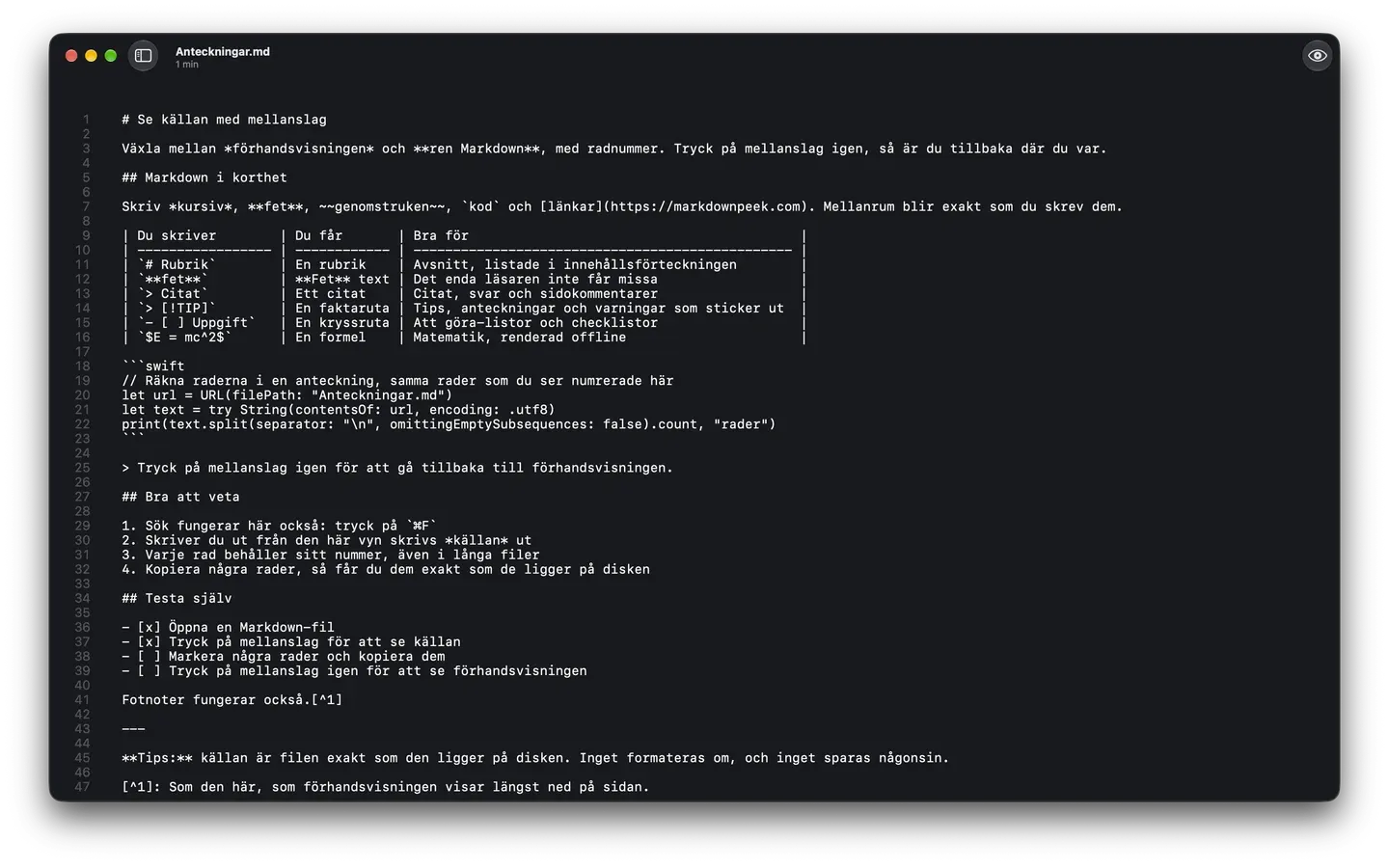 Markdown Peek i mörkt läge visar Markdown-källan till en anteckning, med radnummer.