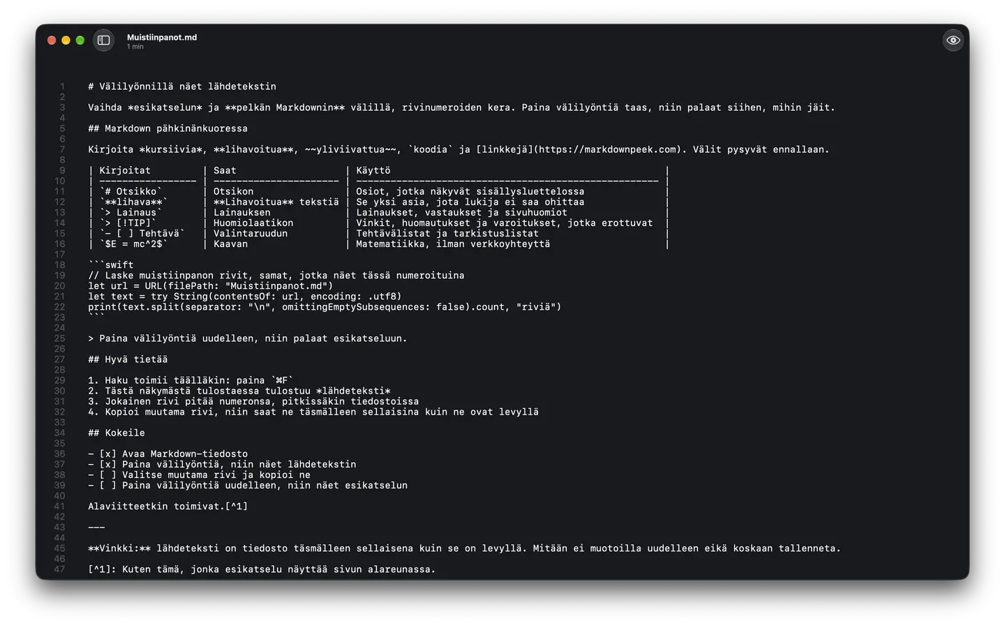 Markdown Peek tummassa tilassa näyttää muistiinpanon raa'an Markdown-lähdetekstin rivinumeroineen.