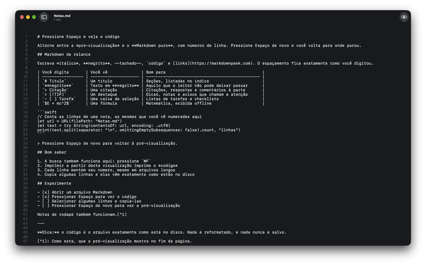 O Markdown Peek no modo escuro exibindo o Markdown original de uma nota, com números de linha.