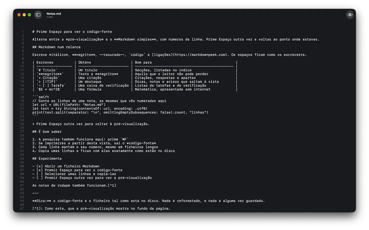 O Markdown Peek no modo escuro a mostrar o Markdown em bruto de uma nota, com números de linha.