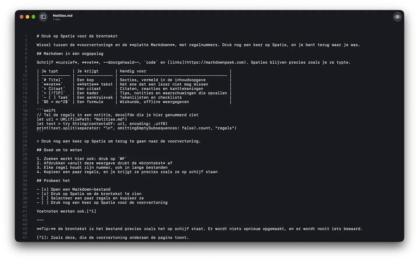 Markdown Peek in de donkere modus met de ruwe Markdown-brontekst van een notitie, met regelnummers.