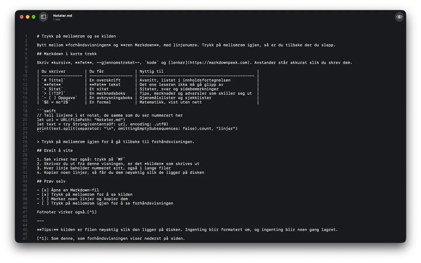 Markdown Peek i mørk modus viser rå Markdown-kilde for et notat, med linjenumre.