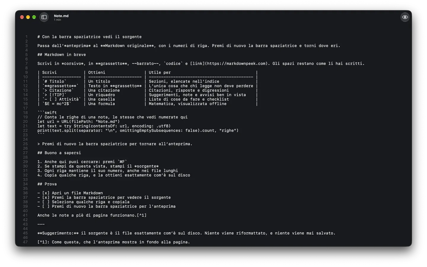 Markdown Peek in modalità scura con il sorgente Markdown originale di una nota, con i numeri di riga.