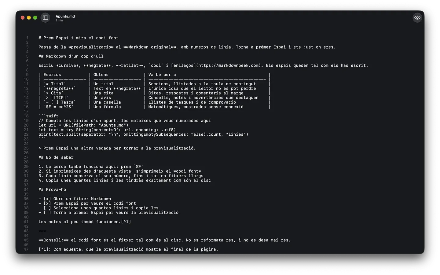 Markdown Peek en mode fosc mostrant el codi font Markdown d'una nota, amb números de línia.