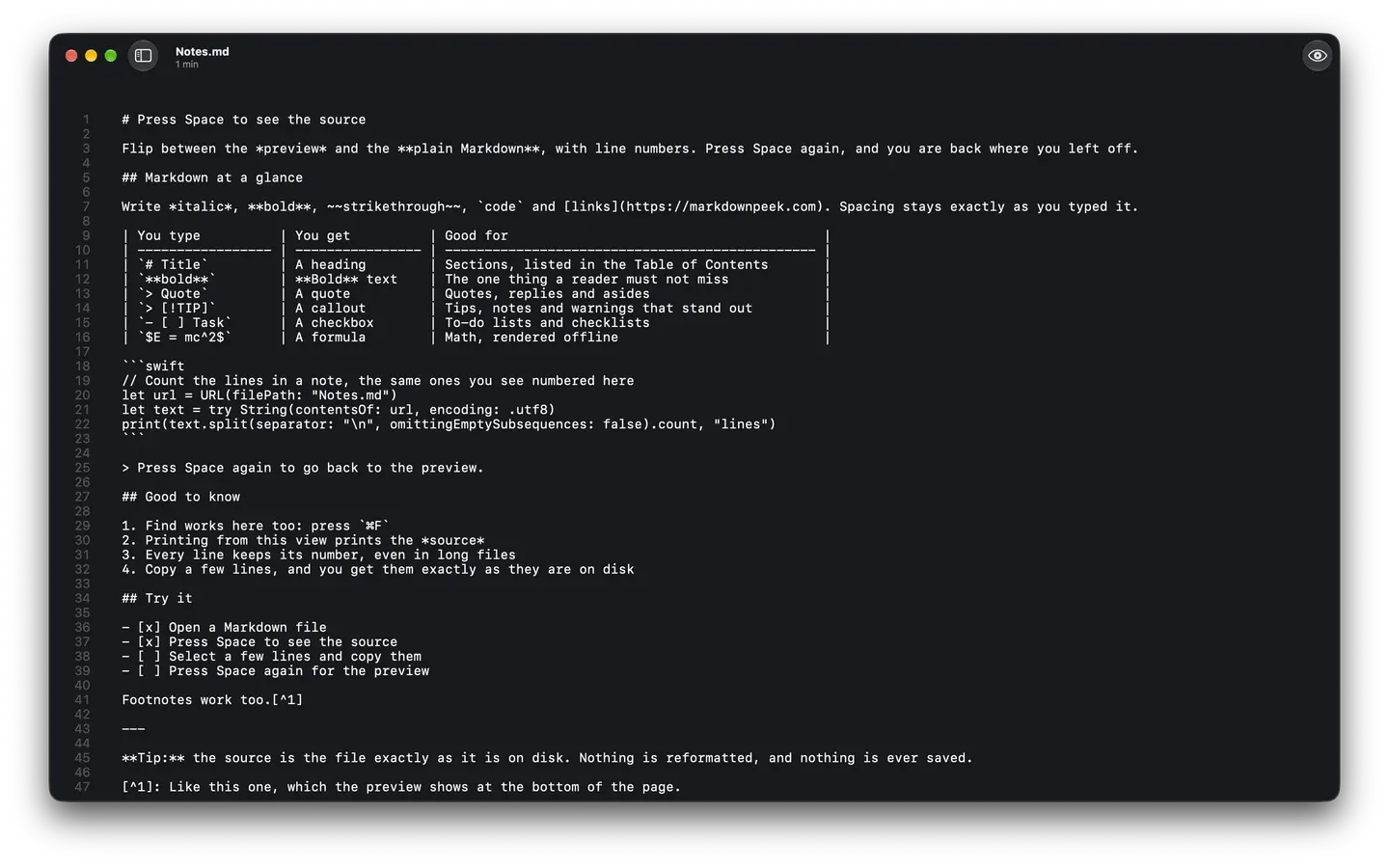 Markdown Peek in dark mode showing the raw Markdown source of a note, with line numbers.