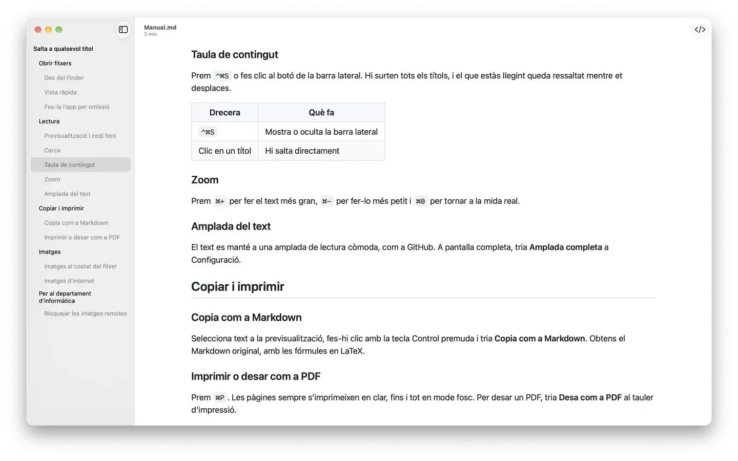 Markdown Peek amb la barra lateral de la taula de contingut oberta en un manual llarg, amb la secció actual ressaltada.
