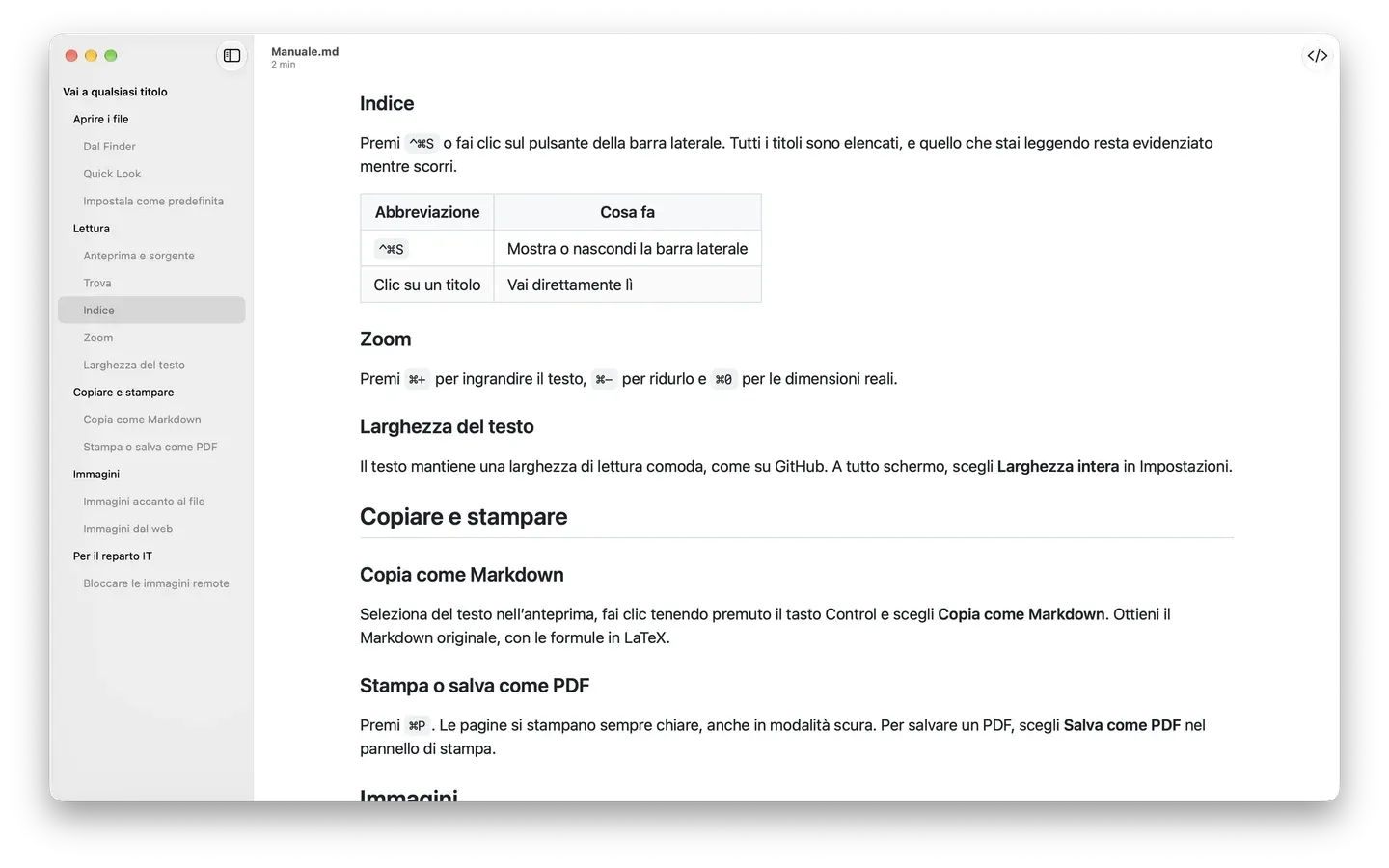 Markdown Peek con la barra laterale dell'indice aperta su un manuale lungo, con la sezione corrente evidenziata.