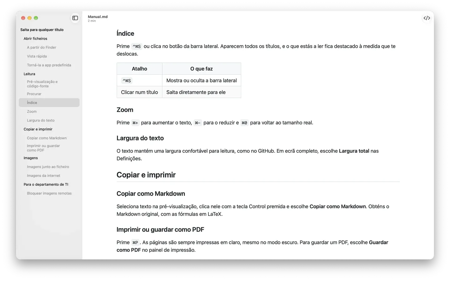 O Markdown Peek com a barra lateral do índice aberta num manual extenso, com a secção atual destacada.