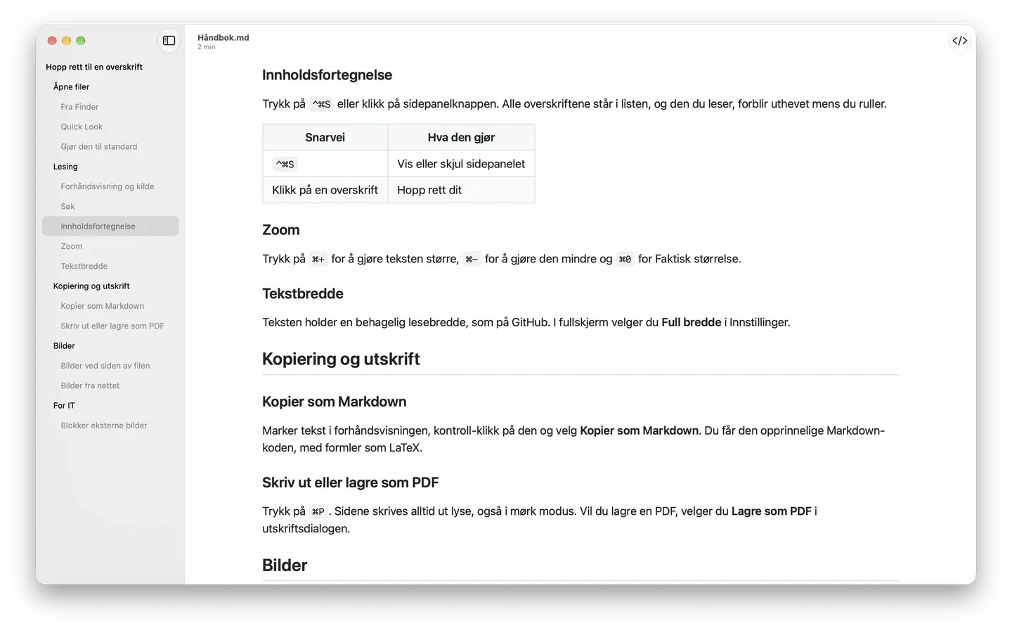 Markdown Peek med innholdsfortegnelsen åpen i en lang håndbok, med gjeldende del uthevet.