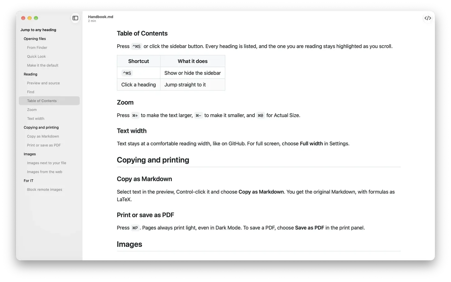 Markdown Peek with the table of contents sidebar open on a long handbook, the current section highlighted.