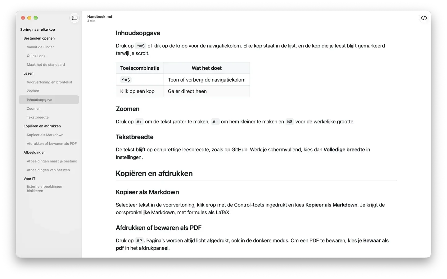 Markdown Peek met de navigatiekolom met de inhoudsopgave open bij een lang handboek, het huidige gedeelte gemarkeerd.