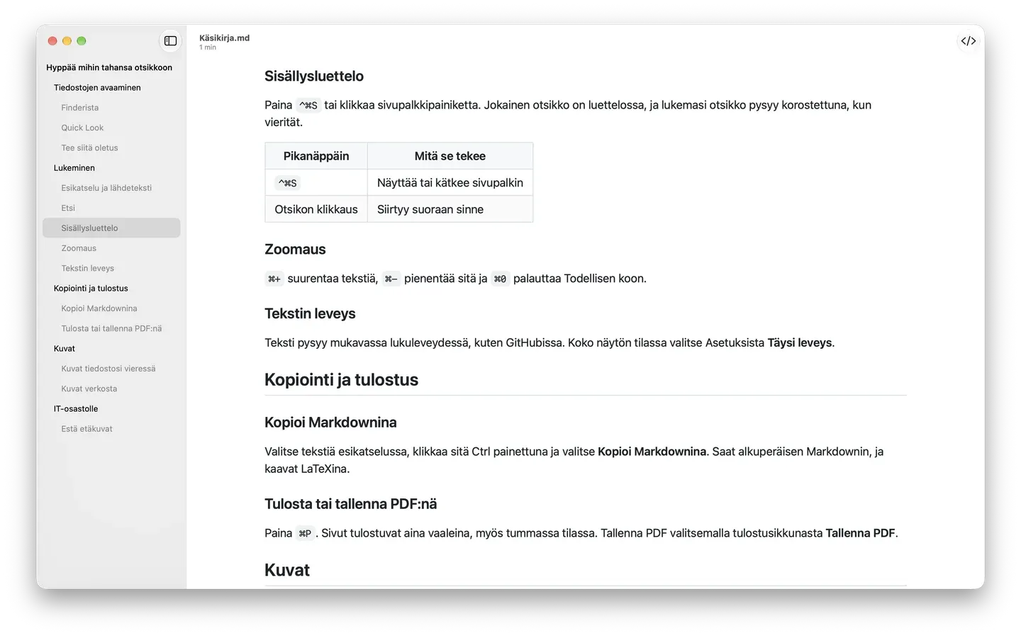 Markdown Peek pitkän käsikirjan äärellä, sisällysluettelon sivupalkki auki ja nykyinen osio korostettuna.