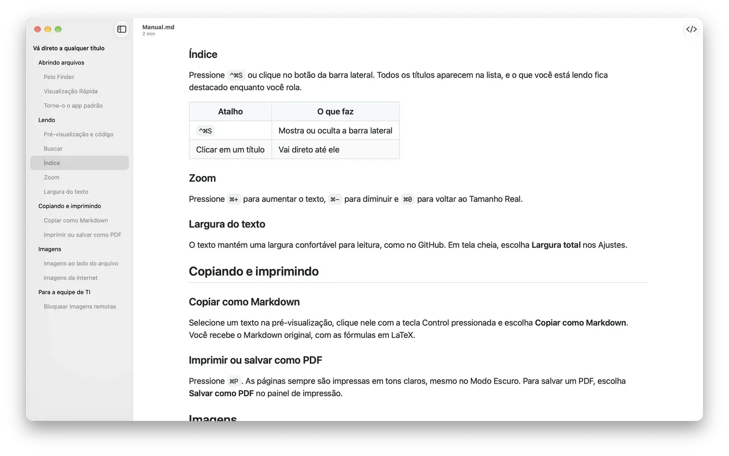 O Markdown Peek com a barra lateral do índice aberta em um manual longo, com a seção atual destacada.