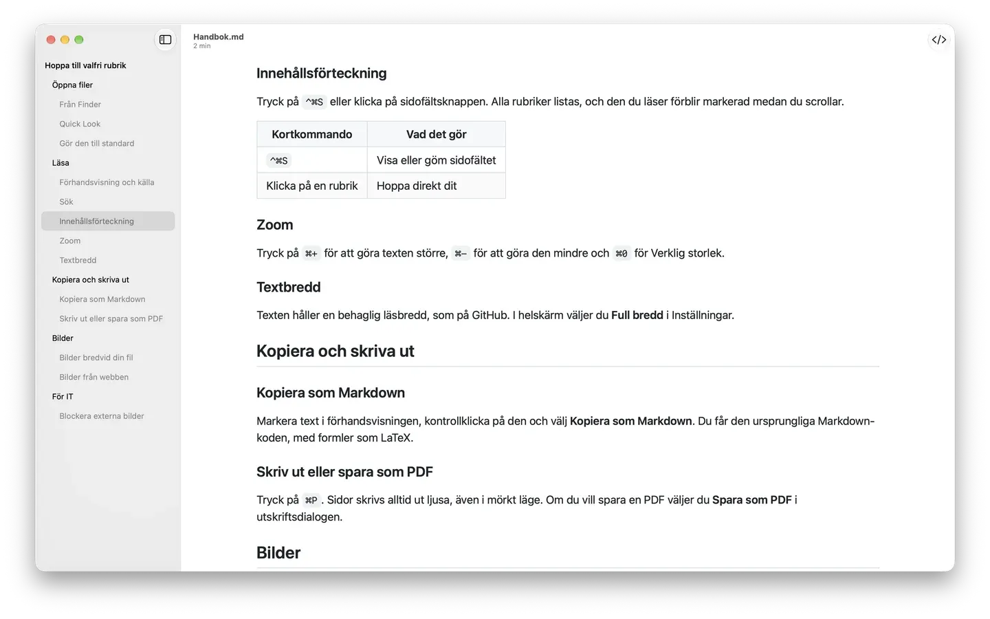 Markdown Peek med innehållsförteckningen öppen i en lång handbok, med det aktuella avsnittet markerat.