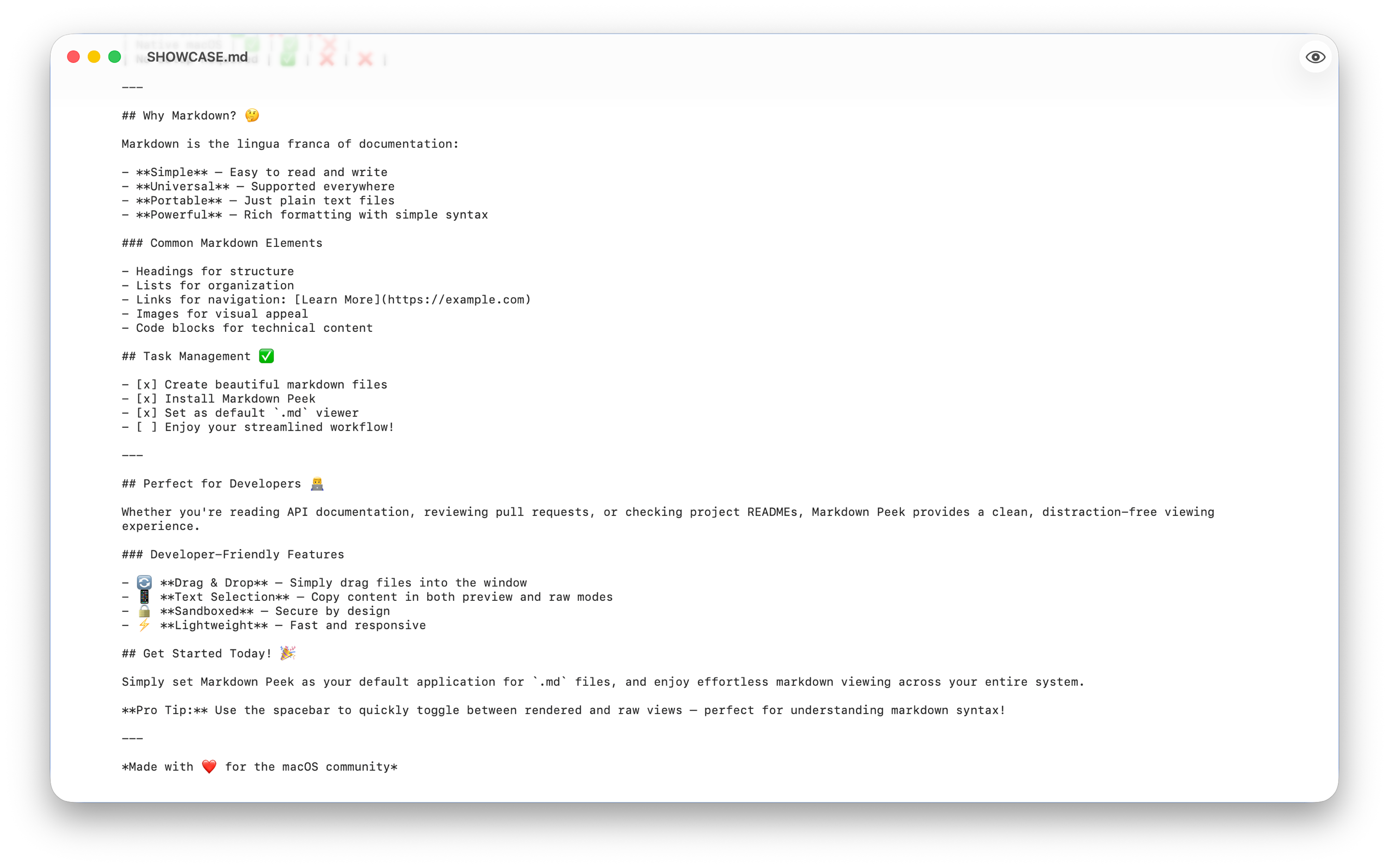 Markdown Peek mostrando el texto sin formato de un documento Markdown, alternado con la barra espaciadora.