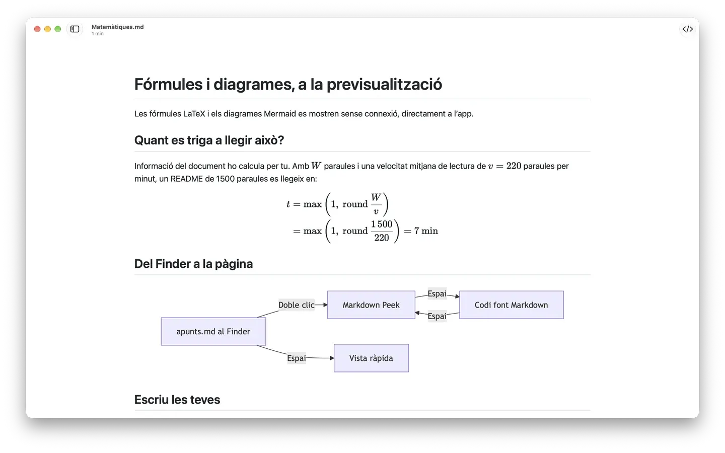 Markdown Peek renderitzant una fórmula LaTeX com a matemàtiques reals i un diagrama de flux Mermaid del Finder a la vista ràpida.