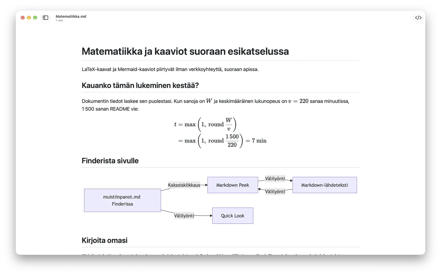 Markdown Peek esittää LaTeX-kaavan oikeana matematiikkana ja Mermaid-vuokaavion Finderista Quick Lookiin.