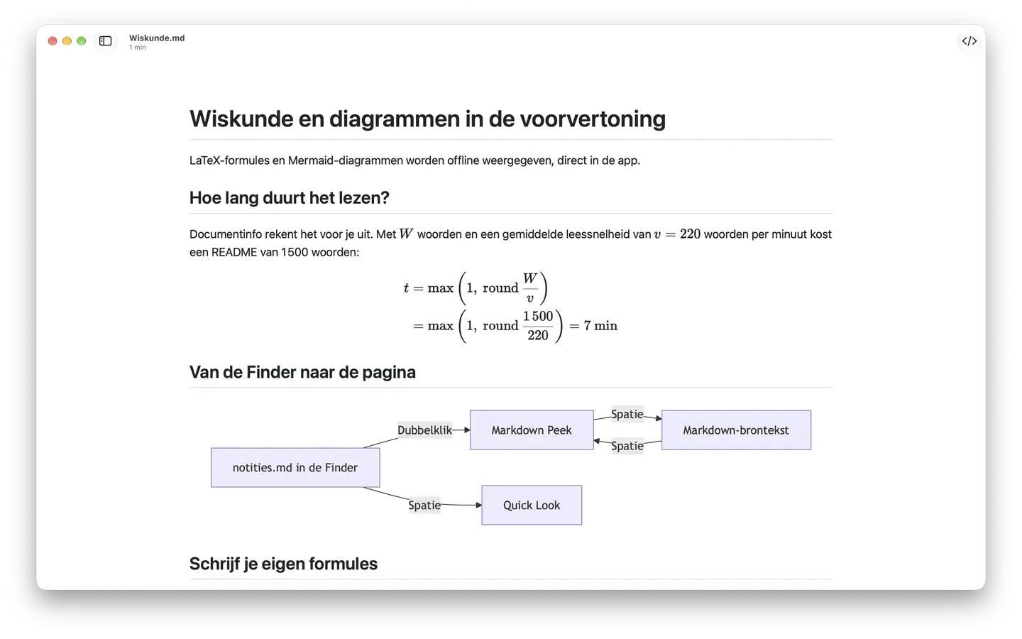 Markdown Peek toont een LaTeX-formule als echte wiskunde en een Mermaid-stroomdiagram van Finder naar Quick Look.