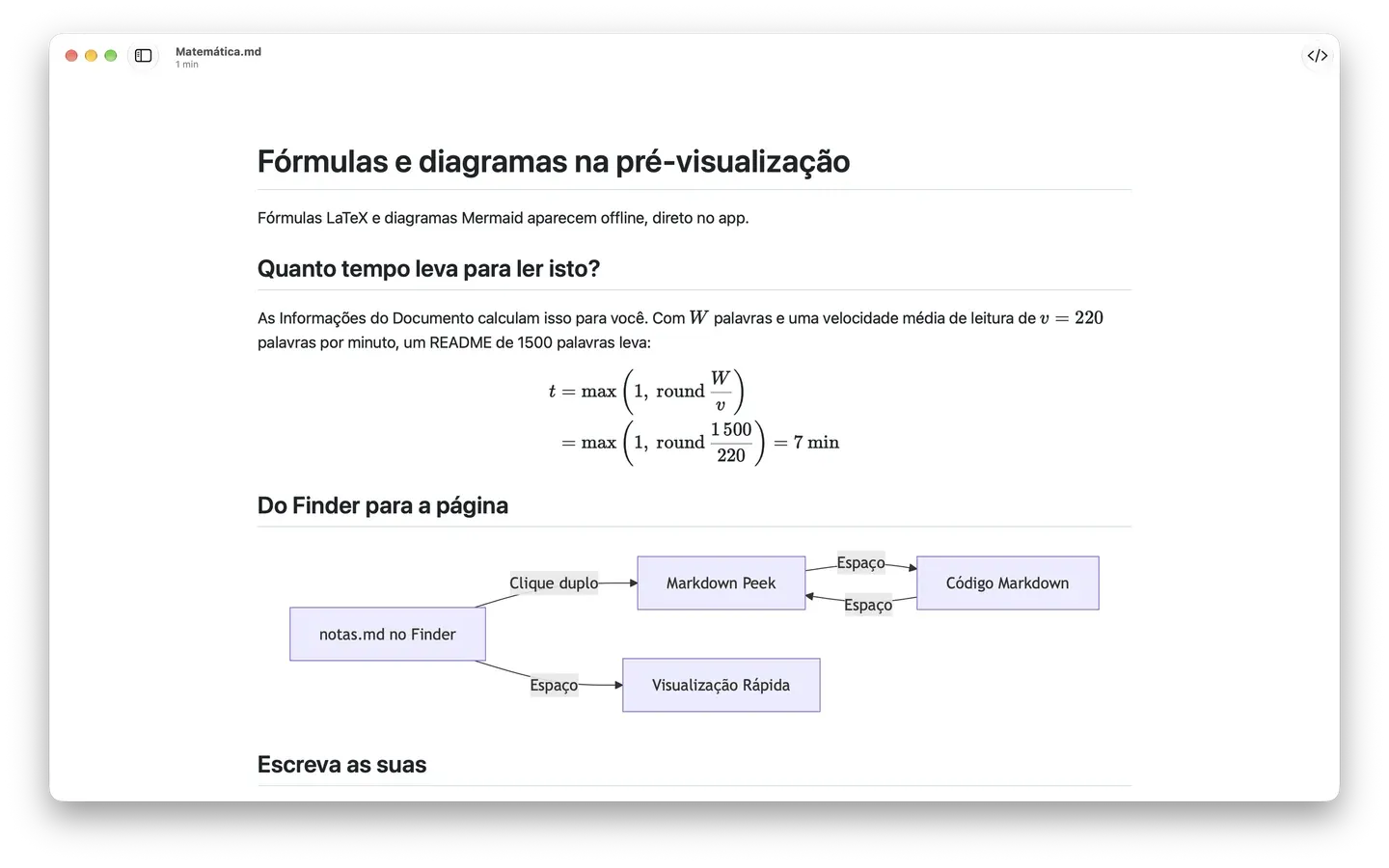 O Markdown Peek renderizando uma fórmula LaTeX como matemática de verdade e um fluxograma Mermaid, do Finder à Visualização Rápida.