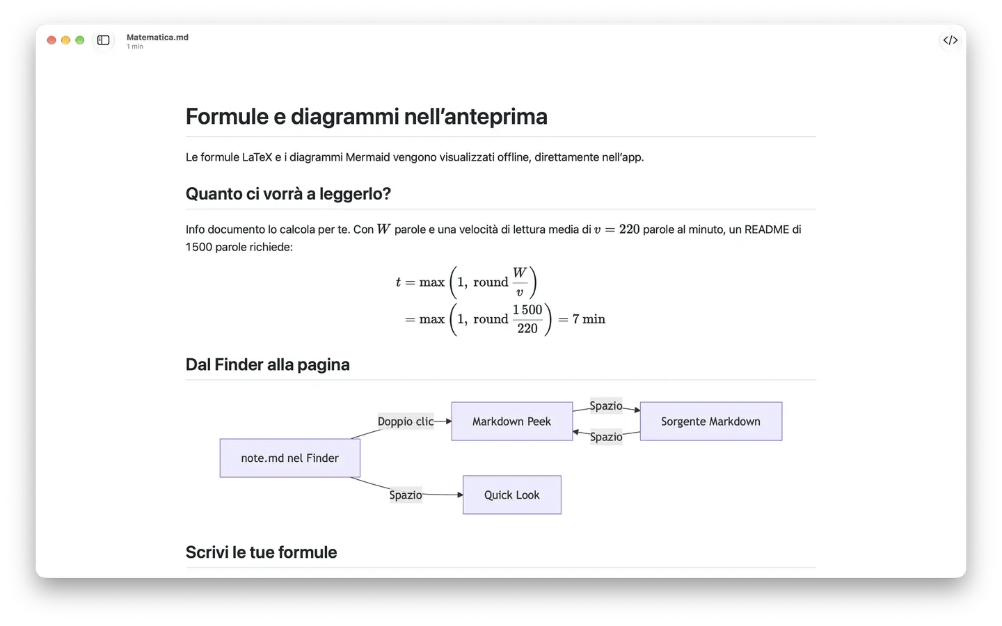 Markdown Peek con una formula LaTeX resa come vera matematica e un diagramma di flusso Mermaid dal Finder a Quick Look.