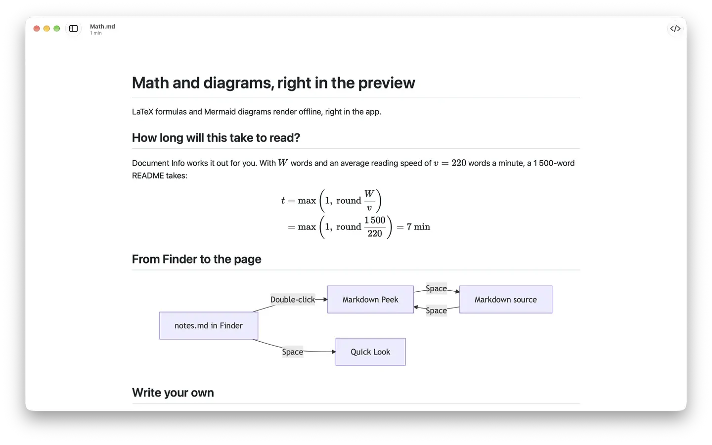 Markdown Peek rendering a LaTeX formula as real math and a Mermaid flowchart from Finder to Quick Look.