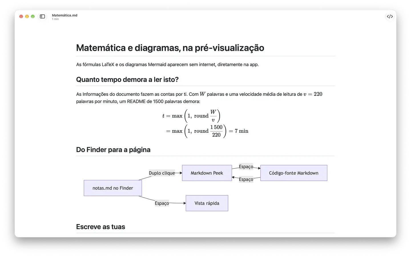 O Markdown Peek a apresentar uma fórmula LaTeX como matemática a sério e um fluxograma Mermaid, do Finder à Vista rápida.