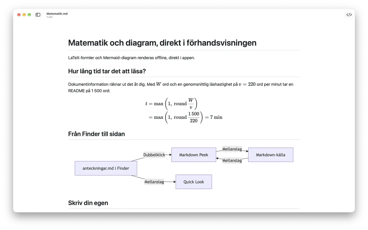 Markdown Peek renderar en LaTeX-formel som riktig matematik och ett Mermaid-flödesschema från Finder till Quick Look.
