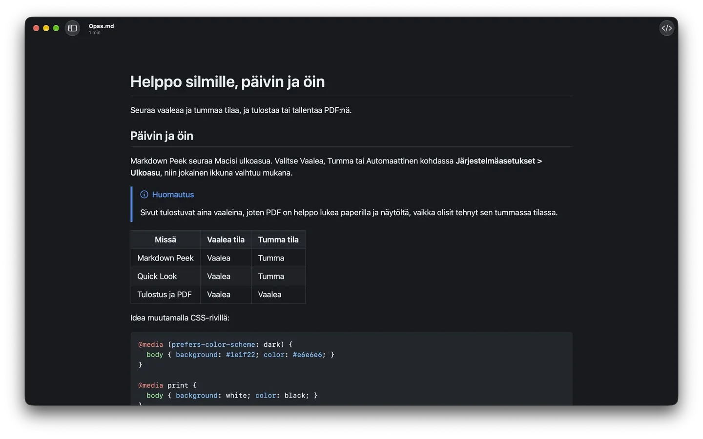 Markdown Peek tummassa tilassa: Huomautus-laatikko, taulukko ja CSS-koodilohko.