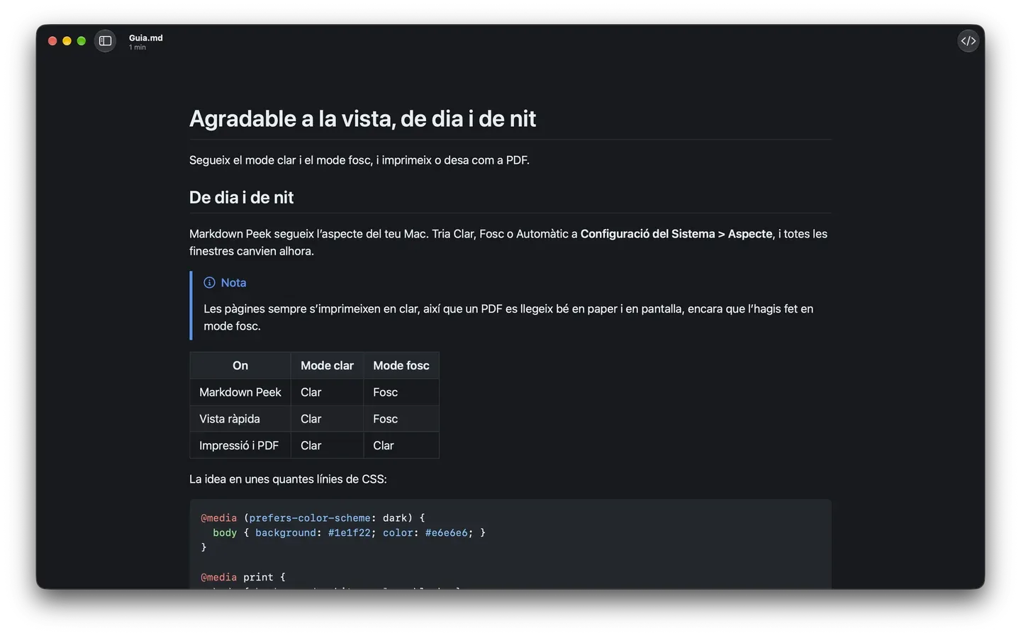 Markdown Peek en mode fosc, amb un avís de Nota, una taula i un bloc de codi CSS.
