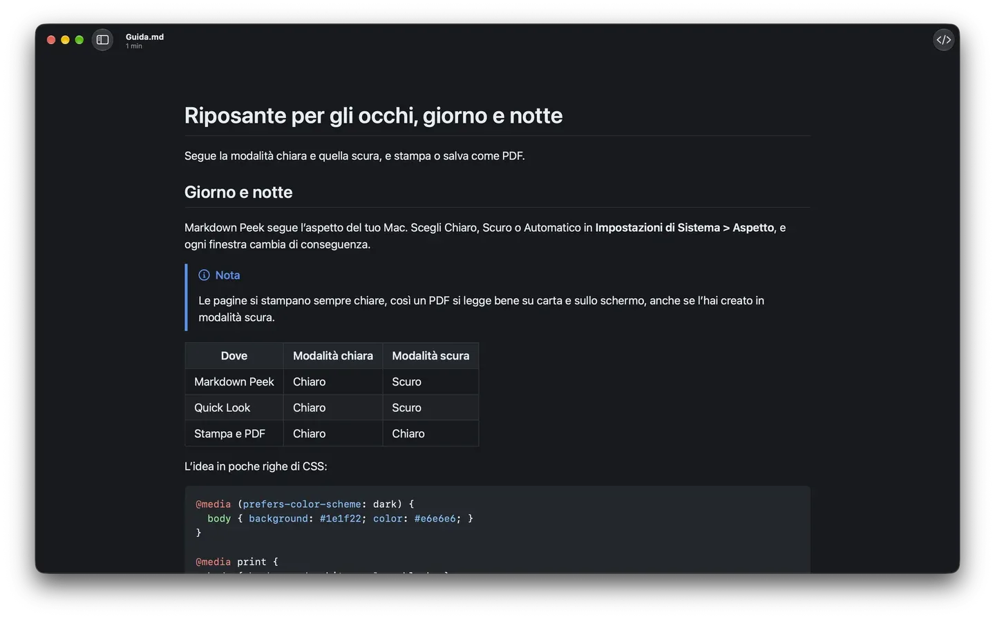 Markdown Peek in modalità scura, con un riquadro Nota, una tabella e un blocco di codice CSS.