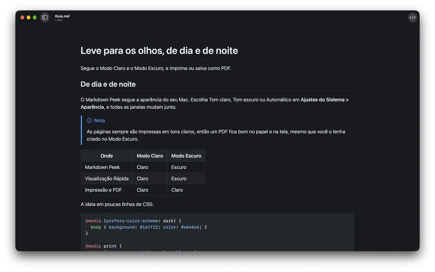 O Markdown Peek no modo escuro, com um destaque Nota, uma tabela e um bloco de código CSS.