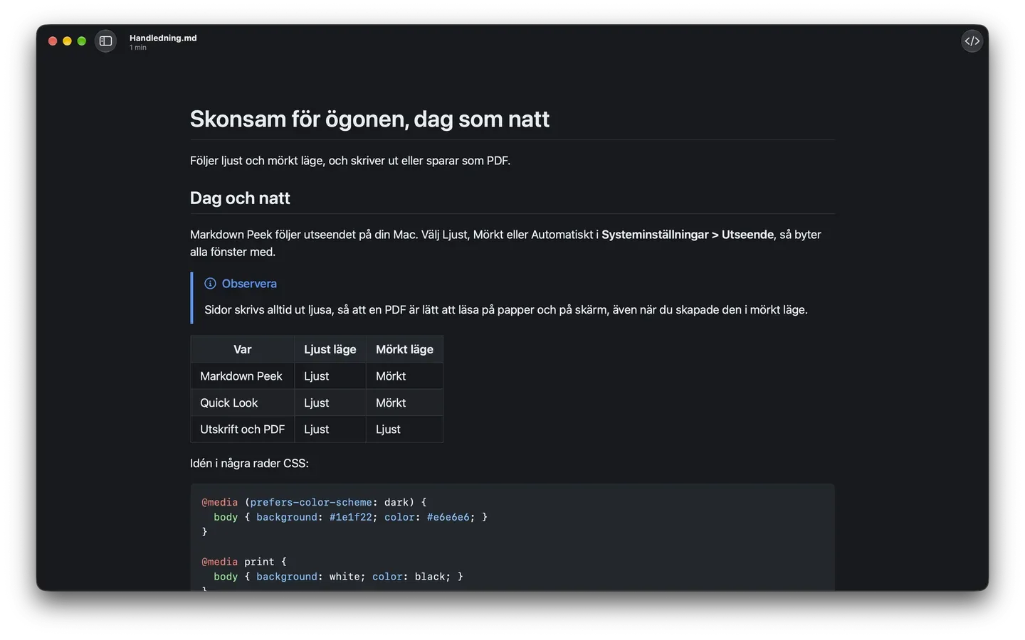 Markdown Peek i mörkt läge, med en observera-ruta, en tabell och ett CSS-kodblock.