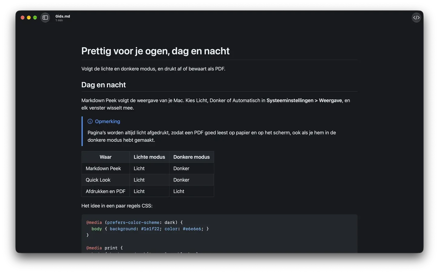 Markdown Peek in de donkere modus, met een Opmerking-blok, een tabel en een CSS-codeblok.